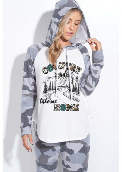 USA Made Ladies Grey Camo "Country Roads Take Me Home" Graphic Loungewear Pajama Set  | Classy Cozy Cool Women's Made in America Clothing Boutique