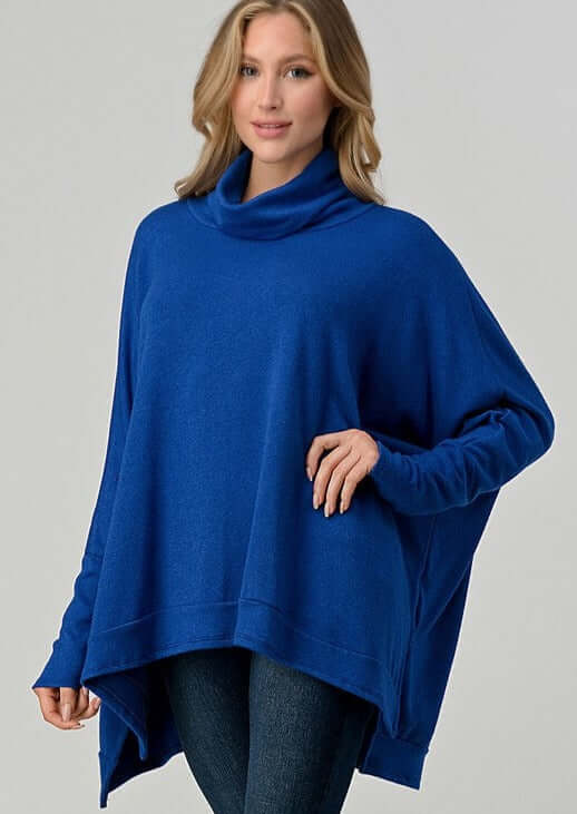 Made in USA Ladies Cowl Neck Long Sleeves Cashmere Feel Tunic Sweater in Royal Blue  | Classy Cozy Cool Women's Made in America Clothing Boutique