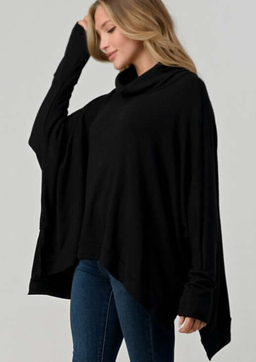 Made in USA Ladies Cowl Neck Long Sleeves Cashmere Feel Tunic Sweater in Black  | Classy Cozy Cool Women's Made in America Clothing Boutique