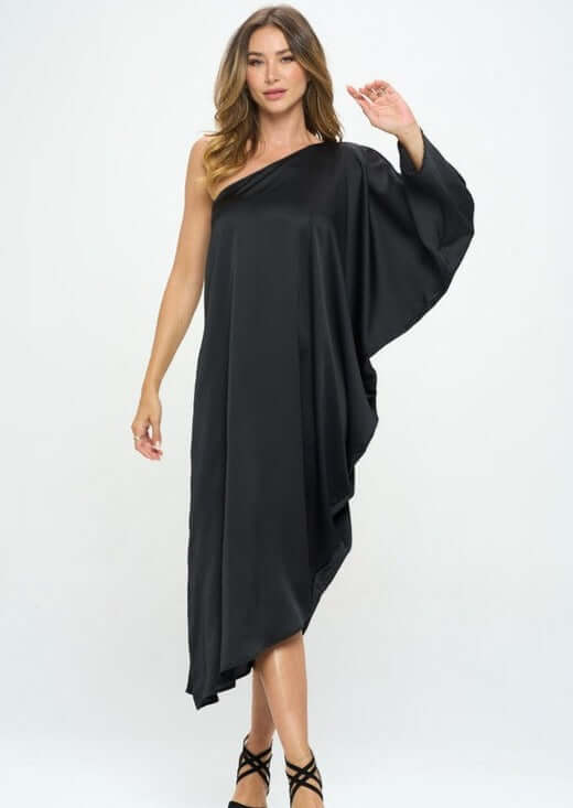 One Shoulder Black Satin Material Asymmetrical Hemline Elegant Evening Cocktail Dress | Made in USA | Renee C Style 4622DR | Classy Cozy Cool Women's Made in America Clothing Boutique