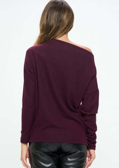 Women's Made in USA Relaxed Fit Super Soft Long Sleeve Cashmere Sweater Top in Raisin - Can be worn Off Shoulder or as Boat Neck | Renee C Style# 4097TP | Classy Cozy Cool Made in America Boutique