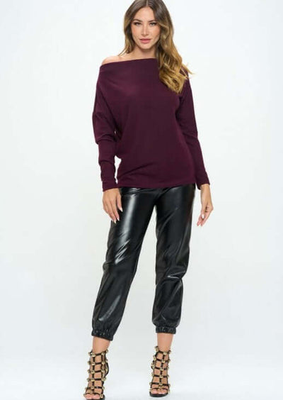 Women's Made in USA Relaxed Fit Super Soft Long Sleeve Cashmere Sweater Top in Raisin - Can be worn Off Shoulder or as Boat Neck | Renee C Style# 4097TP | Classy Cozy Cool Made in America Boutique