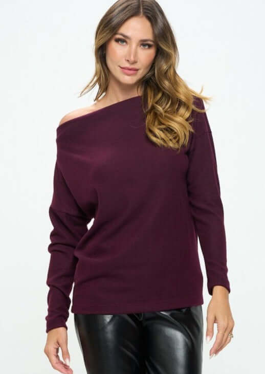 Women's Made in USA Relaxed Fit Super Soft Long Sleeve Cashmere Sweater Top in Raisin - Can be worn Off Shoulder or as Boat Neck | Renee C Style# 4097TP | Classy Cozy Cool Made in America Boutique