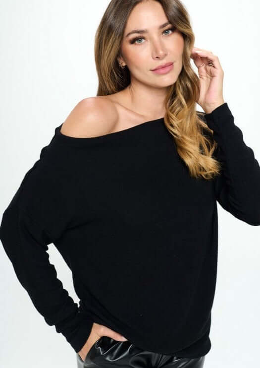 Women's Made in USA Relaxed Fit Super Soft Long Sleeve Cashmere Sweater Top in Black - Can be worn Off Shoulder or as Boat Neck | Renee C Style# 4097TP | Classy Cozy Cool Made in America Boutique
