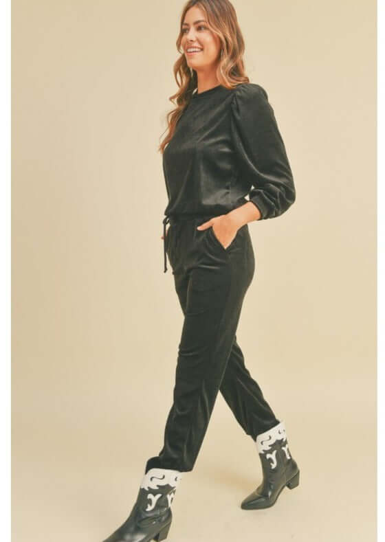USA Made Women's Glam Velour Relaxed Fit Track Suit with Puff Sleeves in Black | Classy Cozy Cool Women's Made in USA Boutique