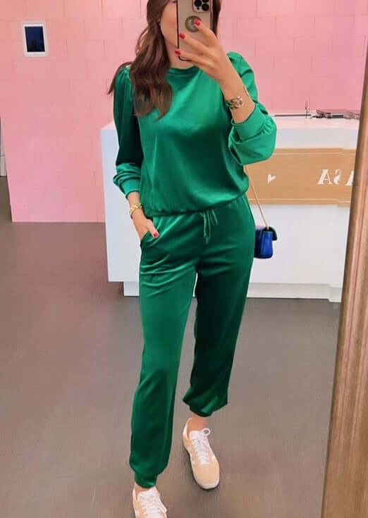 USA Made Women's Glam Velour Relaxed Fit Track Suit with Puff Sleeves Available in Emerald Green | Classy Cozy Cool Women's Made in USA Boutique