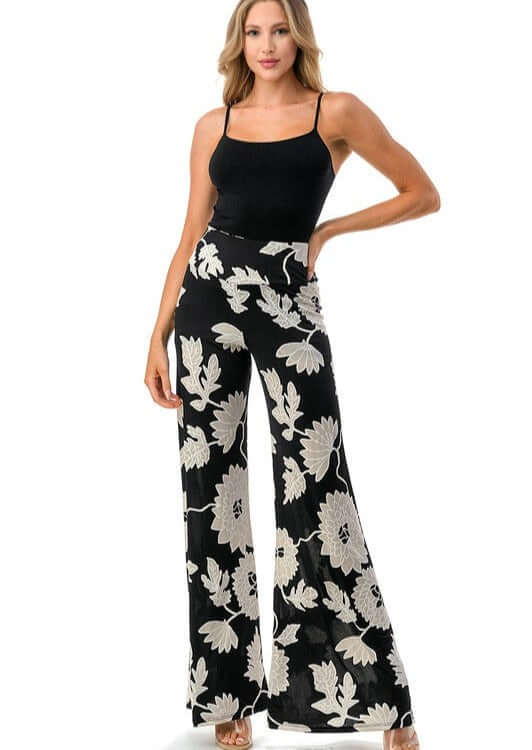 Made in USA Women's Black & White Floral Print Pants with  Flare Hem in Stretchy Material | Classy Cozy Cool Women's Made in America Boutique