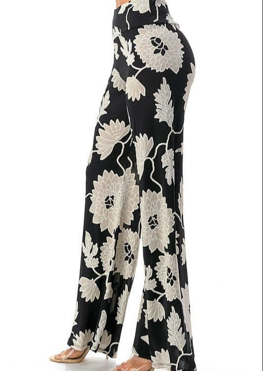Made in USA Women's Black & White Floral Print Pants with  Flare Hem in Stretchy Material | Classy Cozy Cool Women's Made in America Boutique