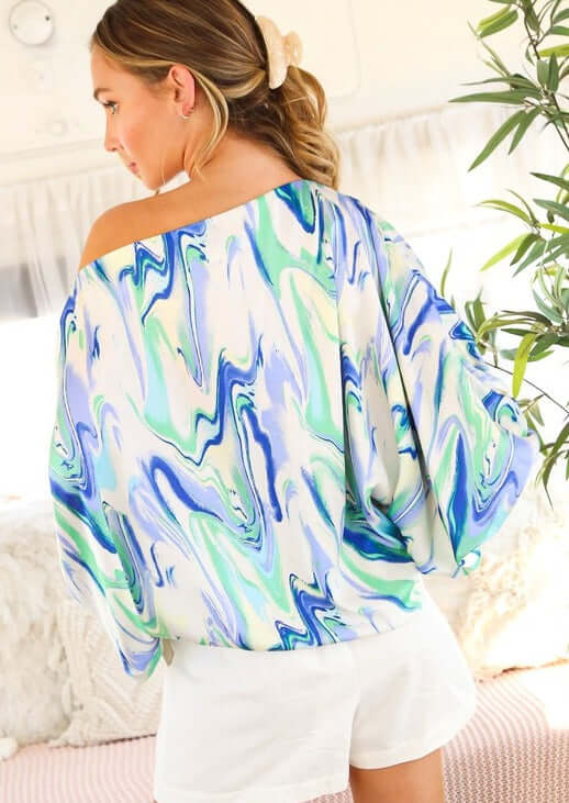 USA Made Ladies Satin Blue & Green Marble Print Boat Neck Top with Bubble Sleeves | Classy Cozy Cool Women's Made in America Boutique