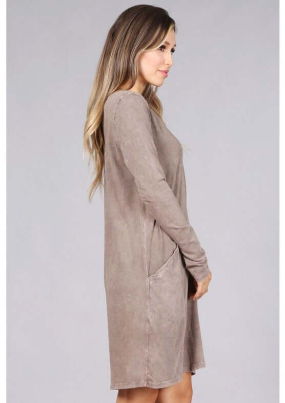 USA Made Ladies Tan Mineral Washed Casual Cotton Long Sleeve Knee Length Dress with Pockets | Chatoyant Style# C60596 | Classy Cozy Cool Women's Made in America Boutique