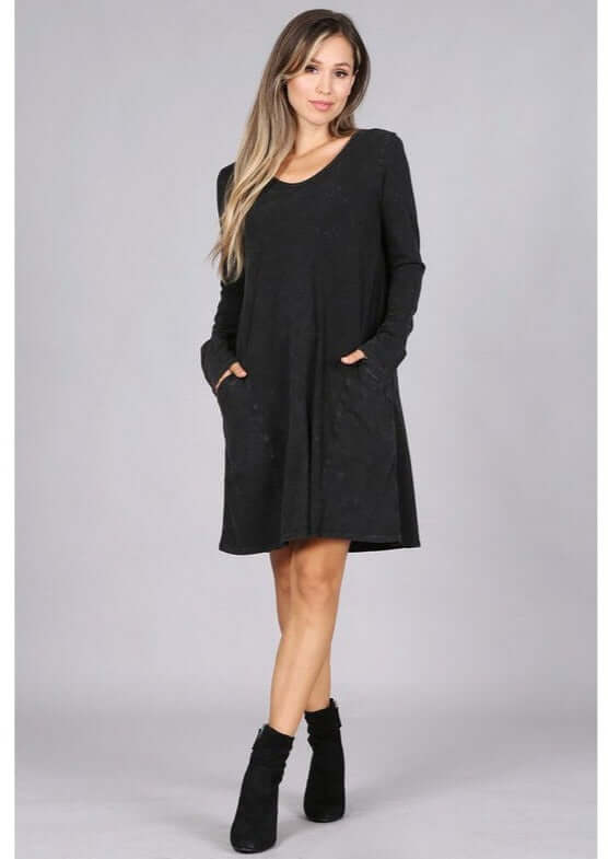 USA Made Ladies Black Casual Cotton Long Sleeve Knee Length Dress with Pockets | Chatoyant Style# C60596 | Classy Cozy Cool Women's Made in America Boutique