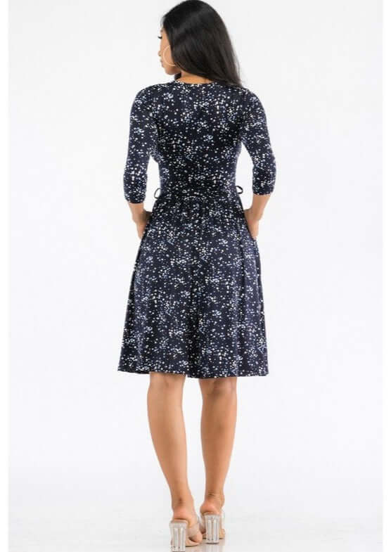 Ladies USA Made Navy V-Neck Knee Length Wrap Style Dress with 3/4 sleeves | Classy Cozy Cool Women's Made in America Boutique