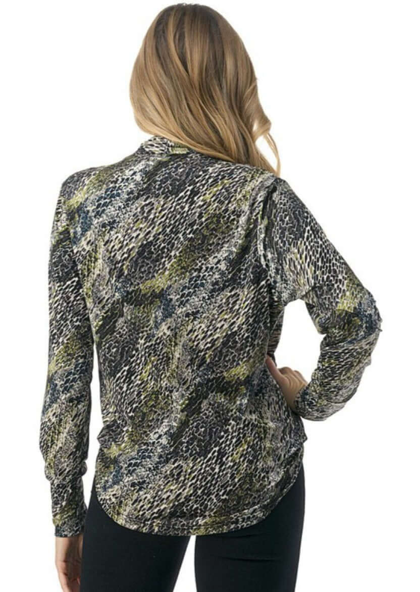 Ladies Made in USA Surplice Design V-Neck Top Long Sleeves Stretchy Jersey Material  Olive Animal Print Detail | Made in America Boutique