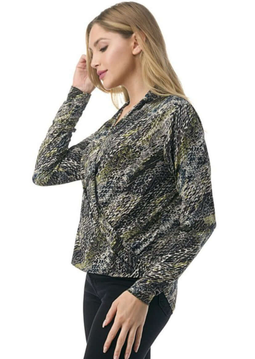 Ladies Made in USA Surplice Design V-Neck Top Long Sleeves Stretchy Jersey Material  Olive Animal Print Detail | Made in America Boutique