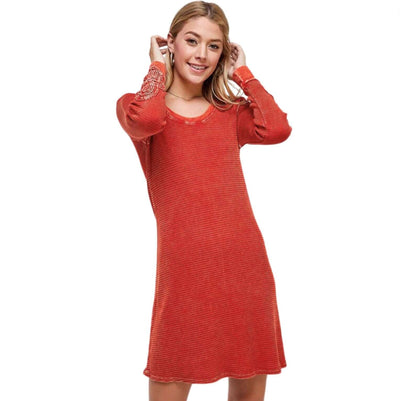 USA Made Ladies Vintage Textured Thermal Crochet Cuff Long Sleeve Cotton Blend Mini Dress in Tomato Red | Classy Cozy Cool Women's Made in America Clothing Boutique