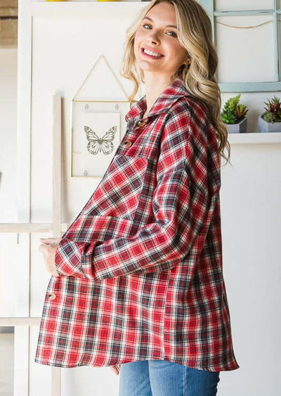 USA Made Women's Button Down Collared Flannel Shirt Jacket in Red Plaid Design | Classy Cozy Cool Women's Made in America Clothing Boutique