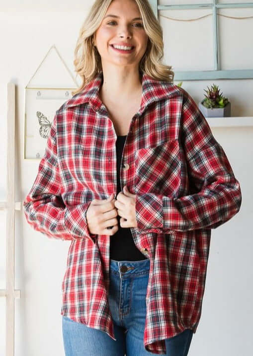 USA Made Women's Button Down Collared Flannel Shirt Jacket in Red Plaid Design | Classy Cozy Cool Women's Made in America Clothing Boutique