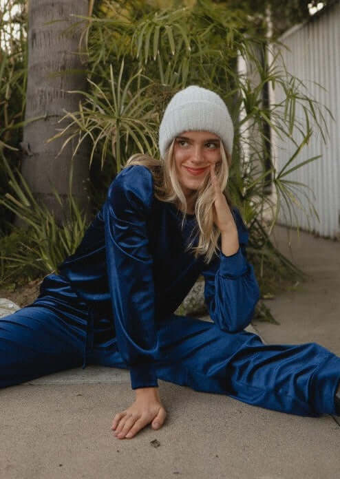 Royal blue velvet tracksuit on sale