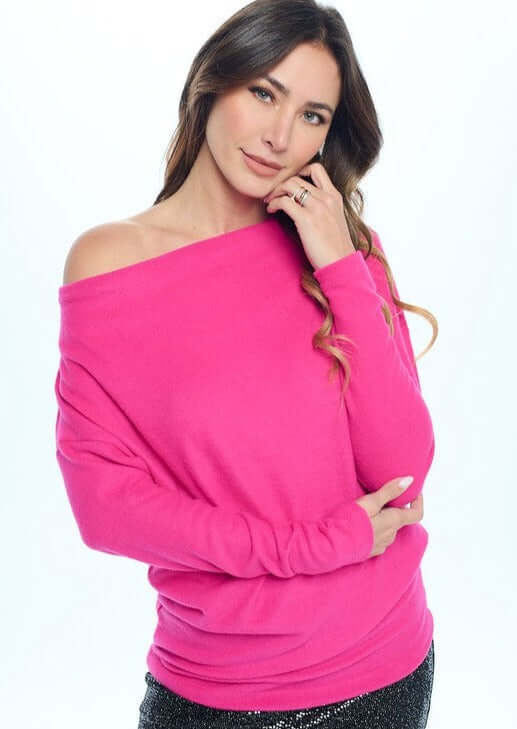 Women's Made in USA Relaxed Fit Super Soft Long Sleeve Cashmere Sweater Top in Fuchsia - Can be worn Off Shoulder or as Boat Neck | Renee C Style# 4097TP | Classy Cozy Cool Made in America Boutique