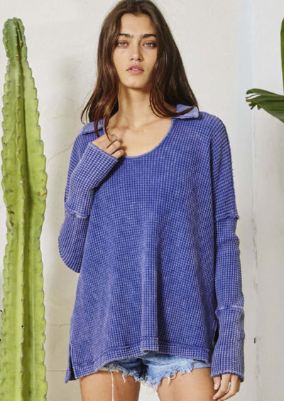 Bucket List Style# T1846|  Women's Mineral Washed Cotton Waffle Knit Split Collar Top in Navy | Made in USA | Classy Cozy Cool Women's Made in America Clothing Boutique