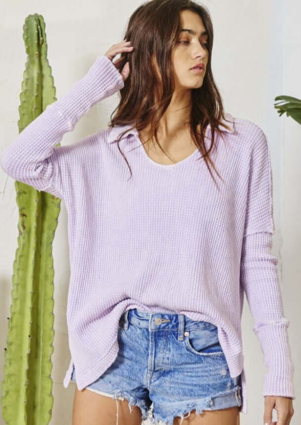 Bucket List Style# T1846 |  Women's Mineral Washed Cotton Waffle Knit Split Collar Top in Lavender | Made in USA | Classy Cozy Cool Women's Made in America Clothing Boutique