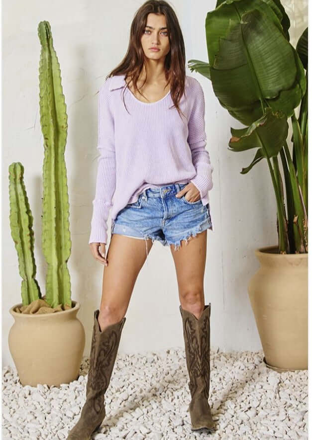 Bucket List Style# T1846 |  Women's Mineral Washed Cotton Waffle Knit Split Collar Top in Lavender | Made in USA | Classy Cozy Cool Women's Made in America Clothing Boutique