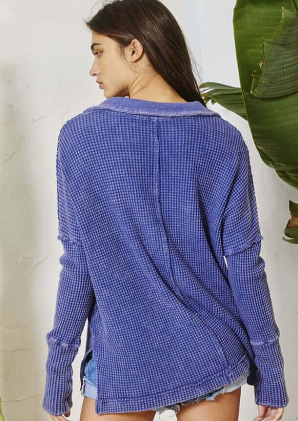 Bucket List Style# T1846|  Women's Mineral Washed Cotton Waffle Knit Split Collar Top in Navy | Made in USA | Classy Cozy Cool Women's Made in America Clothing Boutique