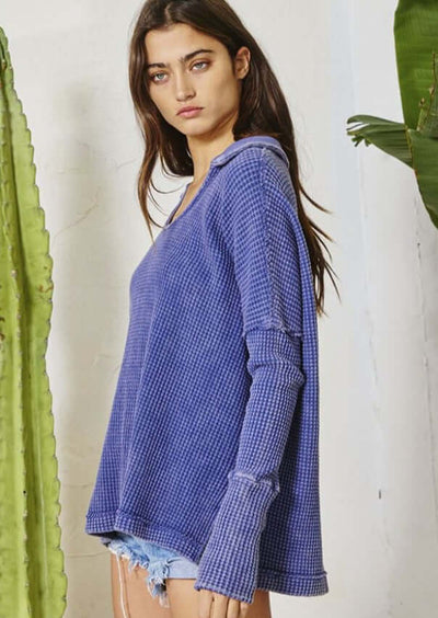 Bucket List Style# T1846|  Women's Mineral Washed Cotton Waffle Knit Split Collar Top in Navy | Made in USA | Classy Cozy Cool Women's Made in America Clothing Boutique