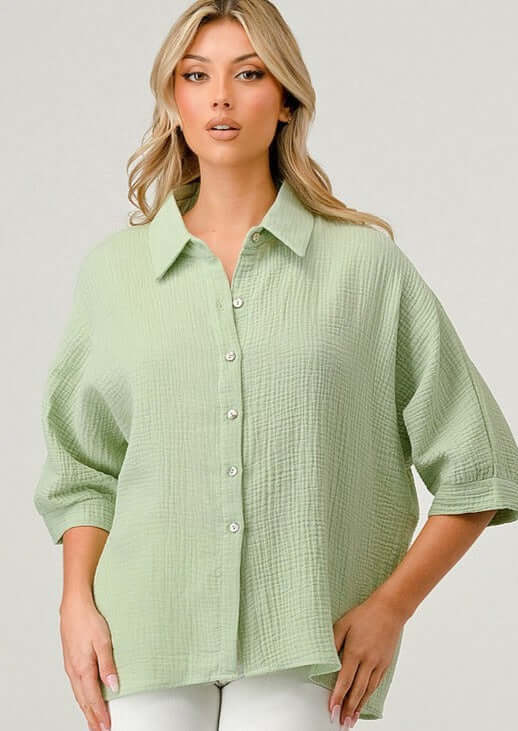 USA Made Women's Relaxed Fit Collared Soft Cotton Gauze Button Down Top With Half Sleeves in  Light Sage Green | Classy Cozy Cool Women's Made in America Clothing Boutique
