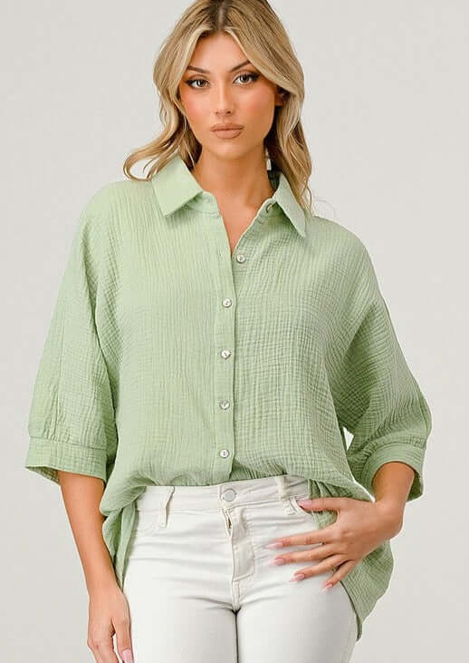 USA Made Women's Relaxed Fit Collared Soft Cotton Gauze Button Down Top With Half Sleeves in  Light Sage Green | Classy Cozy Cool Women's Made in America Clothing Boutique