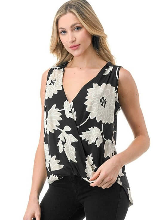 Ladies Made in USA Surplice Design Dressy V-Neck Blouse in Black and White Textured Floral Print | Classy Cozy Cool Made in America Boutique