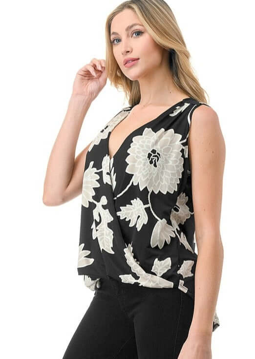 Ladies Made in USA Surplice Design Dressy V-Neck Blouse in Black and White Textured Floral Print | Classy Cozy Cool Made in America Boutique
