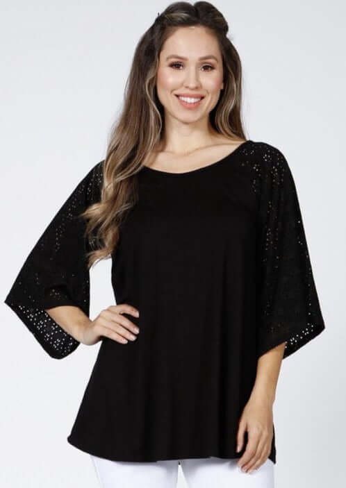 Made in USA Ladies Black Raglan Crafted with eyelet lace fabric bell sleeves and comfortable stretchy fabric | Classy Cozy Cool Women's Made in America Clothing Boutique