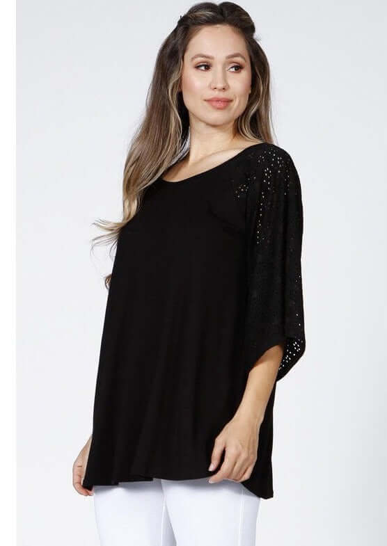 Made in USA Ladies Black Raglan Crafted with eyelet lace fabric bell sleeves and comfortable stretchy fabric | Classy Cozy Cool Women's Made in America Clothing Boutique