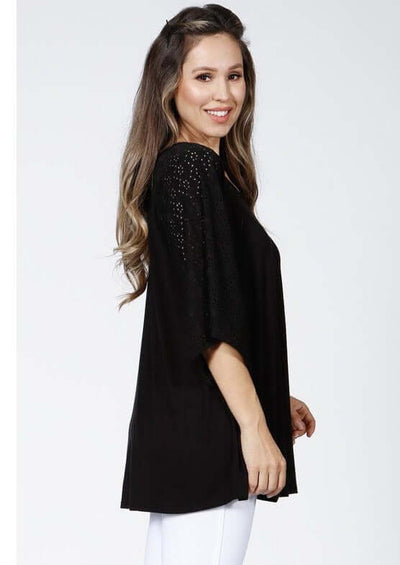 Made in USA Ladies Black Raglan Crafted with eyelet lace fabric bell sleeves and comfortable stretchy fabric | Classy Cozy Cool Women's Made in America Clothing Boutique