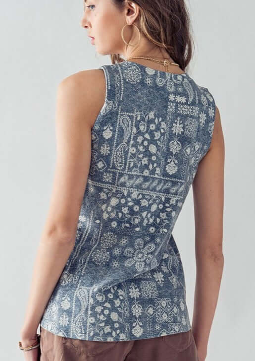 Made in USA Super Soft Ladies Vintage Navy & White Paisley Print High Neck Sleeveless Top | Classy Cozy Cool Made in America Boutique