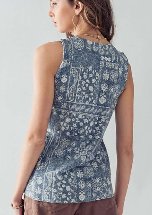 Made in USA Super Soft Ladies Vintage Navy & White Paisley Print High Neck Sleeveless Top | Classy Cozy Cool Made in America Boutique