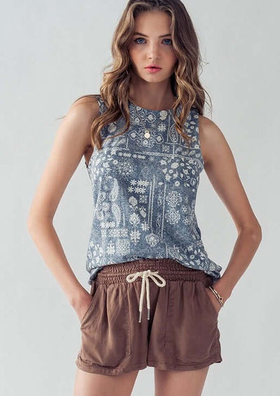 Made in USA Super Soft Ladies Vintage Navy & White Paisley Print High Neck Sleeveless Top | Classy Cozy Cool Made in America Boutique