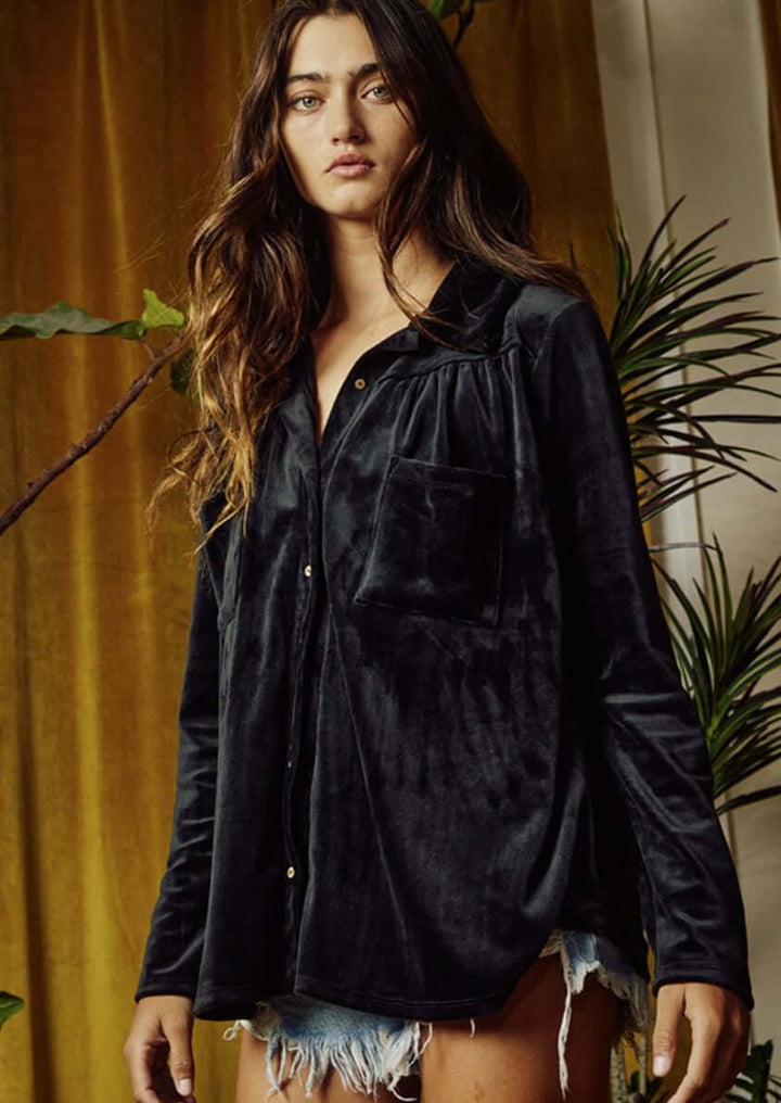 Bucket List Clothing Style# T1875 | Ladies Loose Fit Black Stretch Velvet Collared Shirt with Button Front Closure and Pretty pleating throughout for added shape | Made in USA