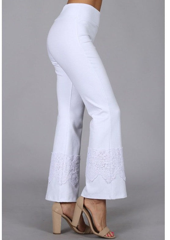 Chatoyant Style# C30612 Ladies White Cropped Flare Pants with Crochet Detail on Calf Made in USA Made Cotton Fabric | Made in America | Classy Cozy Cool Ladies Made in USA Boutique