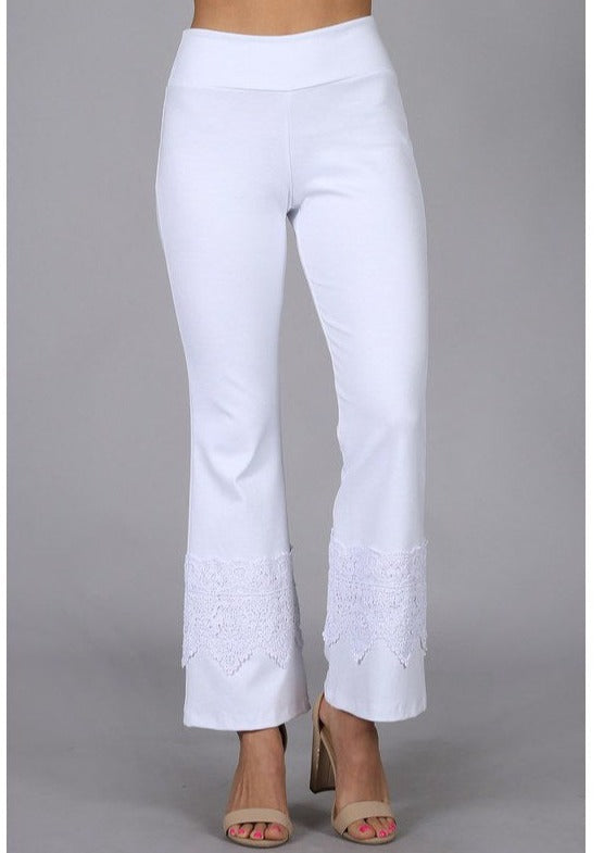 Chatoyant Style# C30612 Ladies White Cropped Flare Pants with Crochet Detail on Calf Made in USA Made Cotton Fabric | Made in America | Classy Cozy Cool Ladies Made in USA Boutique