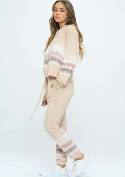 USA Made Loungewear Set Includes Super Soft Hoodie Top with matching Jogger Style Bottoms in Tan, Cream & Mocha Colors | Classy Cozy Cool Women's Made in America Clothing Boutique