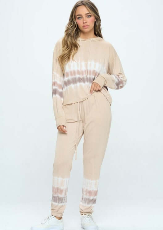 USA Made Loungewear Set Includes Super Soft Hoodie Top with matching Jogger Style Bottoms in Tan, Cream & Mocha Colors | Classy Cozy Cool Women's Made in America Clothing Boutique