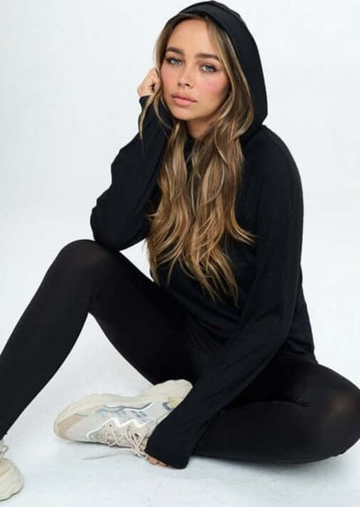USA Made Women's Cropped Length Performance Hoodie with Kangaroo Pockets in Black | Classy Cozy Cool Women's Made in America Clothing Boutique