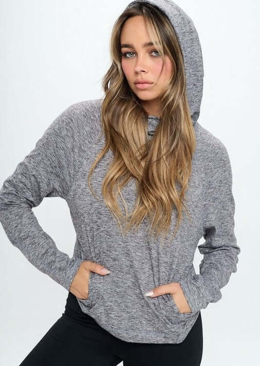 USA Made Women's Cropped Length Performance Hoodie with Kangaroo Pockets in Heather Grey | Classy Cozy Cool Women's Made in America Clothing Boutique