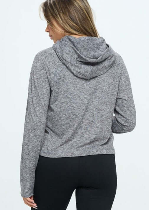 USA Made Women's Cropped Length Performance Hoodie with Kangaroo Pockets in Heather Grey | Classy Cozy Cool Women's Made in America Clothing Boutique