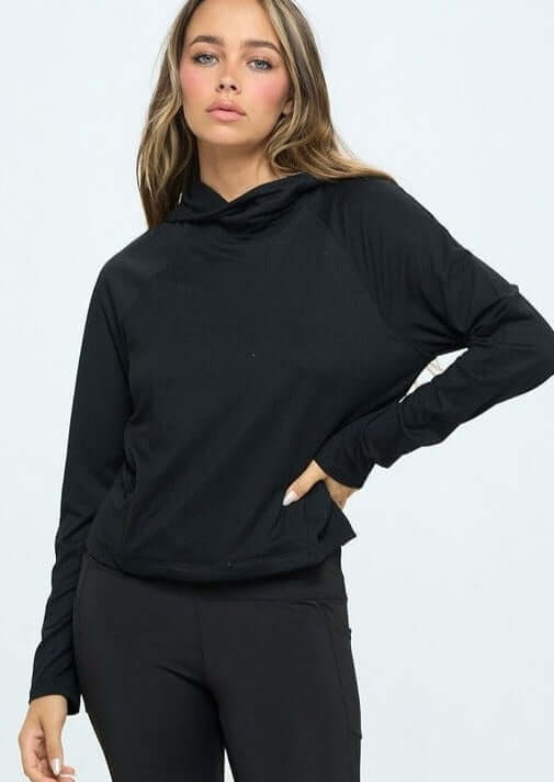 USA Made Women's Cropped Length Performance Hoodie with Kangaroo Pockets in Black | Classy Cozy Cool Women's Made in America Clothing Boutique