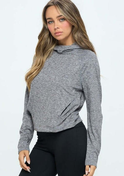 USA Made Women's Cropped Length Performance Hoodie with Kangaroo Pockets in Heather Grey | Classy Cozy Cool Women's Made in America Clothing Boutique