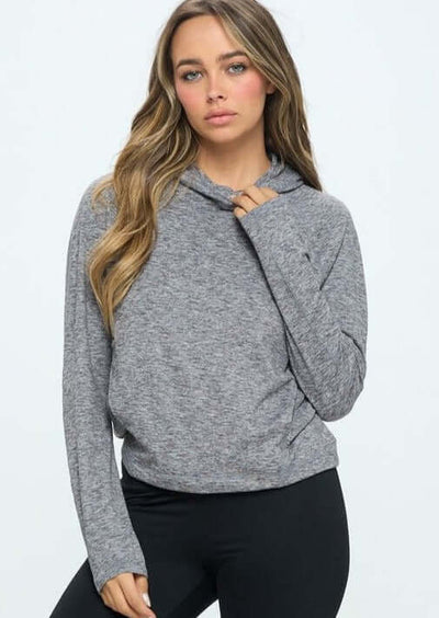 USA Made Women's Cropped Length Performance Hoodie with Kangaroo Pockets in Heather Grey | Classy Cozy Cool Women's Made in America Clothing Boutique