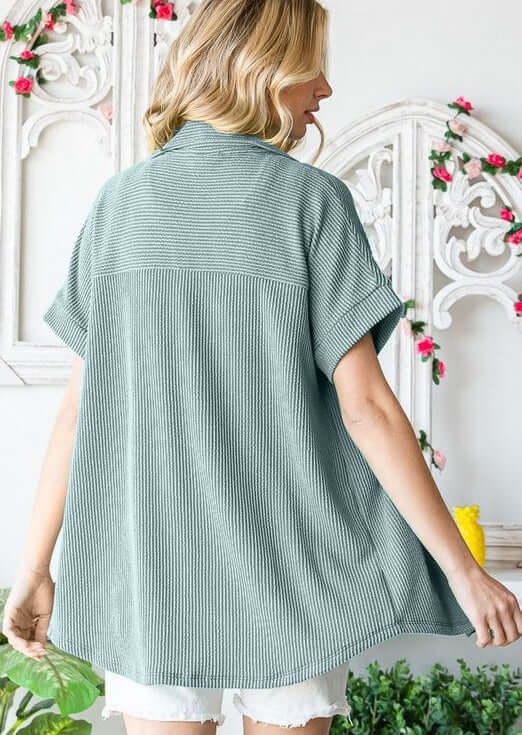 Made in USA Women's Button Down Ribbed Knit Cuffed Short Sleeve Longer Length Relaxed Fit Top with Collar in Sage Green